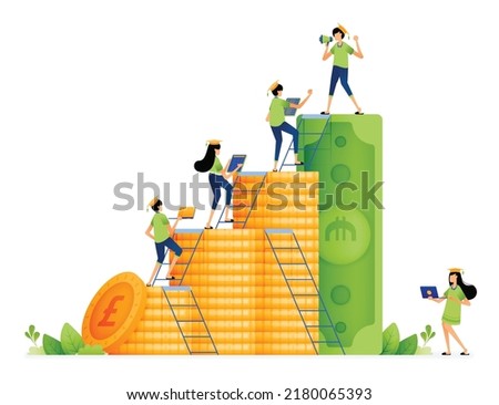 Design of money arranged like growth bar chart. students climb ladder of achievement to get tuition fees scholarships. Illustration for landing page website poster banner mobile apps web brochure ads