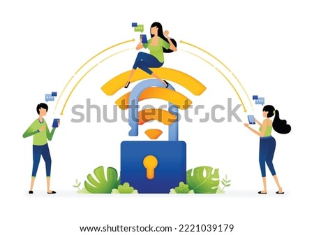 Illustration of woman sitting on padlock protected wifi. Security and safe for digital access network communication. Designed for website, landing page, flyer, banner, apps, brochure, startup company