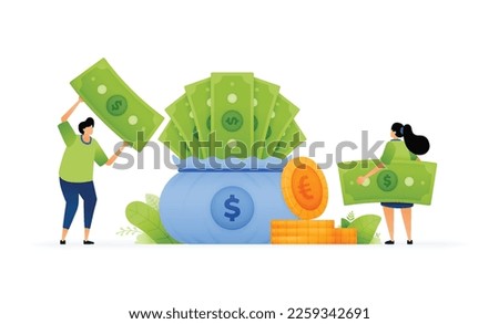 Vector illustration of stashing savings on greenbacks. Investing for the future. Full sacks of dollar bills. Secure future on piling up dollar bills. Can use for ad, poster, campaign, website, apps