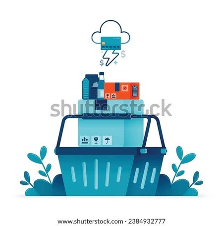 Illustration of 3d shopping basket contains package boxes ready to be paid or checked out for delivery on e-commerce. Can be used for posters, websites, brochures, banners