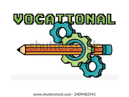 pixel line art illustration of vocational ads for hiring with pencil through wheel gear and 3d vocational writing. Can be used for web, website, landing page, apps, flyers, brochures, advertising, ads
