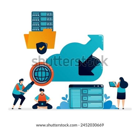 design of cloud data center illustration. access folder for cloud users. up arrow down to upload download file internet access