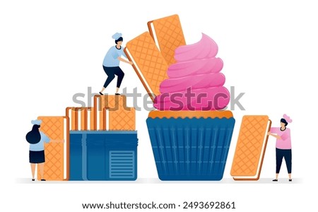 Pastry chef makes cupcakes with strawberry icing topping and vanilla sandwich biscuits. Illustrations can be used for pastry stores, restaurant flyers, birthday banners