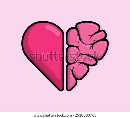 Cartoon Illustration of heart or love with half part shaped like a brain organ. Can be used for birthdays, parties, Valentine Day, celebrations and printed on t-shirts, hoodies, tote bags