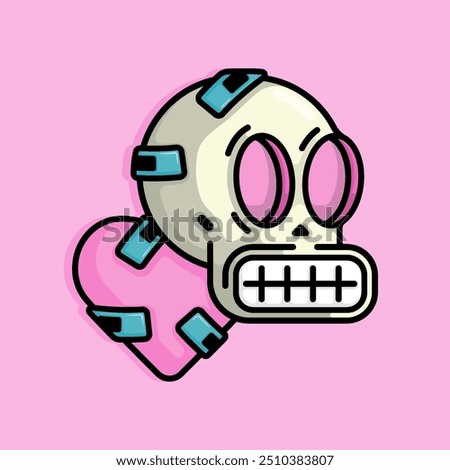 Cartoon Illustration of grinning skull over a bandaged heart. Can be used for birthdays, parties, Valentine Day, celebrations and printed on t-shirts, hoodies, tote bags