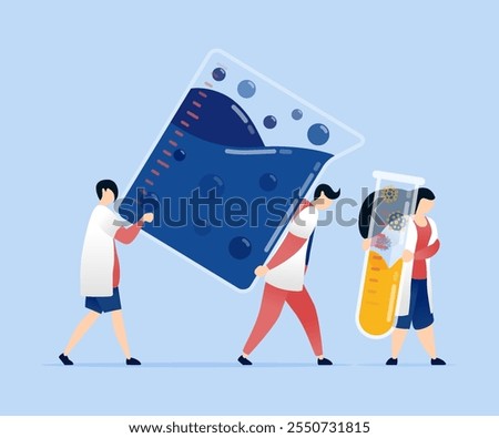 vector illustration of Students and doctors carrying beakers and test tubes filled with chemical liquids for medical and educational experiments in a laboratory setting