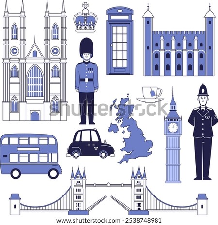 Set of national symbols of Great Britain, the United Kingdom, London.