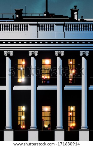 Illustration of the main facade and front four columns of the White House, Washington DC, with lights on in the Oval Office and a night sky above the roof.