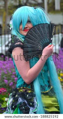 DUBLIN, IRELAND - APRIL 12: An attendee dressed as Anime character Hatsune Miku at the MCM Ireland Comic Con on April 12, 2014 in Dublin, Ireland. Over 4,000 people attended the opening day.