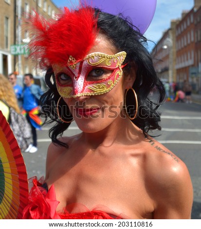 DUBLIN, IRELAND - JUNE 28: An unidentified, costumed participant at the Dublin Pride Parade on June 28, 2014 in Dublin, Ireland. Over 40,000 people attended the free, open air event.