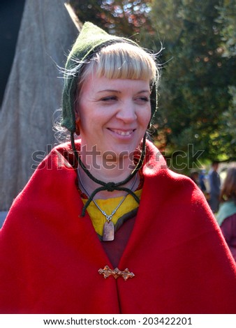 CLONTARF, IRELAND - APRIL 19: A Viking woman re-enactor attending the 1,000th anniversary re-enactment of the Battle of Clontarf on April 19, 2014 in Clontarf, Ireland.