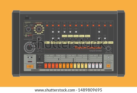 Classic drum machine instrument on orange background. Analog synth. Vector illustration.