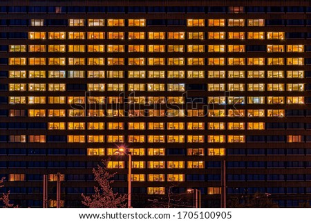 Similar – Image, Stock Photo Heart shape illuminated windows of a building as a gesture for people who support others like now in hard corona virus times symbolically.