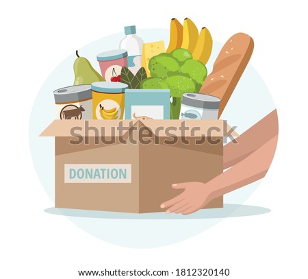 Food and grocery donation concept. Charity, food donation for needy and poor people. Vector illustration.