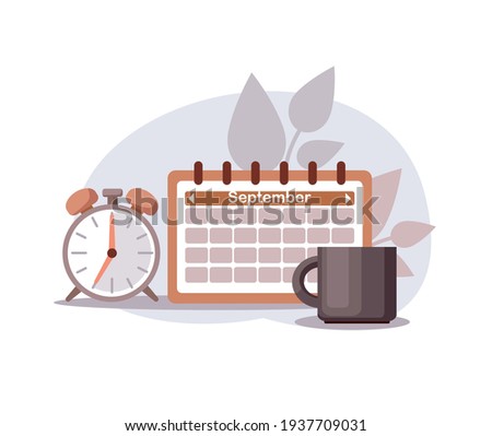 Calendar, alarm clock and mug for planning of the morning, time management