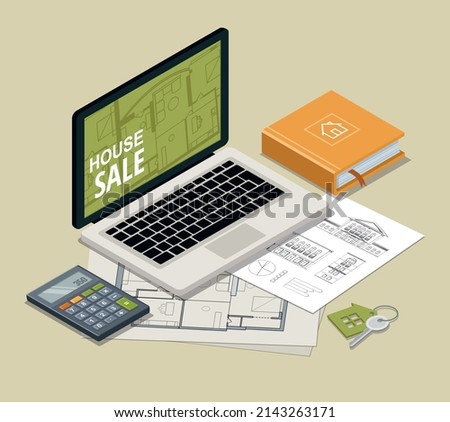 Laptop,calculator, house keys, house model and book