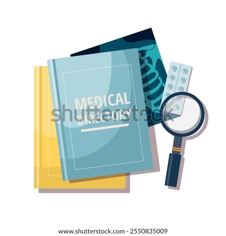 Medical education and research. Medical books, x-ray picture and magnifying glass