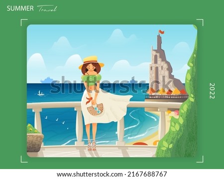 Web design with vector grain textured illustration of trendy woman on summer vacation posing for trip journal, travel guide book, hotel resort. Coastal view, ocean, restaurant on the beach, photo spot