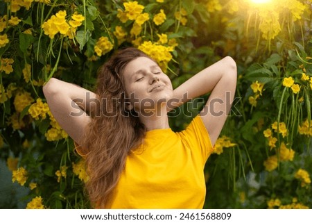 Similar – Image, Stock Photo Smiling woman in blooming field