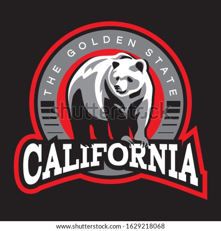 The Golden state California. Label with illustration of bear on black background 