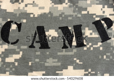 camp stamped on army universal military camouflage fabric, background digital style pattern, new fabric