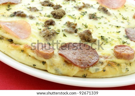 hot ready to eat delicious rustic meat lovers pizza