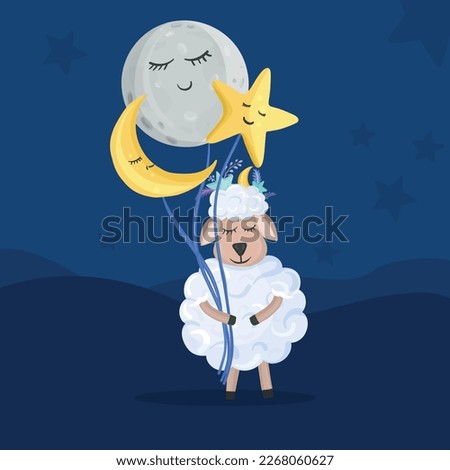 The cute sheep is holding balloons - moon and star in cartoon style. Good Night, kids' illustration. Vector