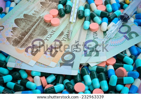 thermometer,syringe and pills  on Yuan banknotes (renminbi), for costs of medications and health insurance concept ; selective focus  with vignette filter.