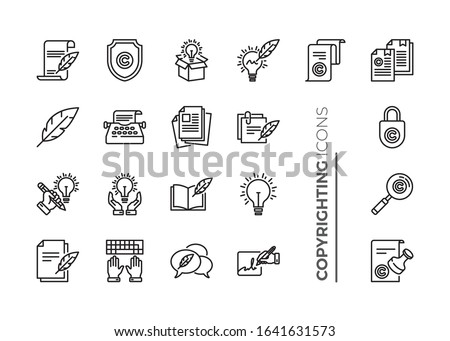 Simple Set of Copyrighting Related Vector Line Icons. Contains such Icons as Typing Machine, Signature, Creative Process and more.