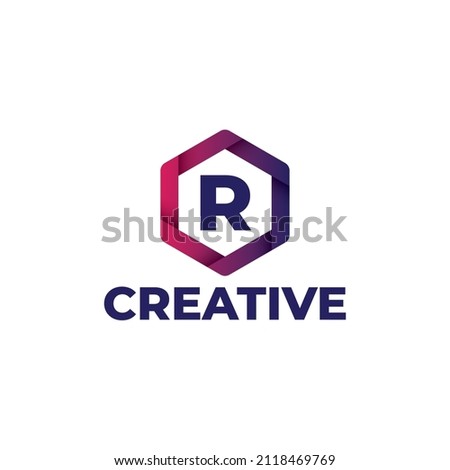 Letter R logo design template, hexagonal logo with gradient color, modern style isolated on white background. Stok fotoğraf © 