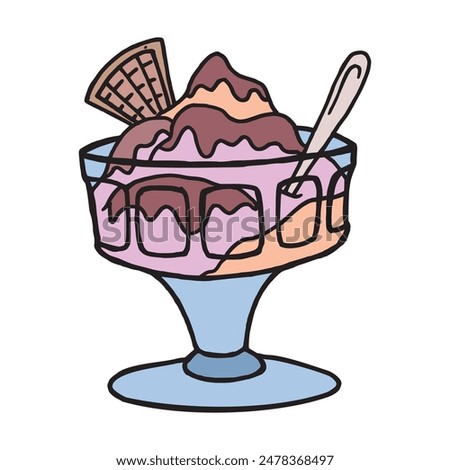 Sweet ice cream in a glass cup with a spoon and cake hand drawn cartoonish outline illustration. Fruit frozen ice cream with a chocolate topping in a mug simple sugar food and ice dessert delicates.