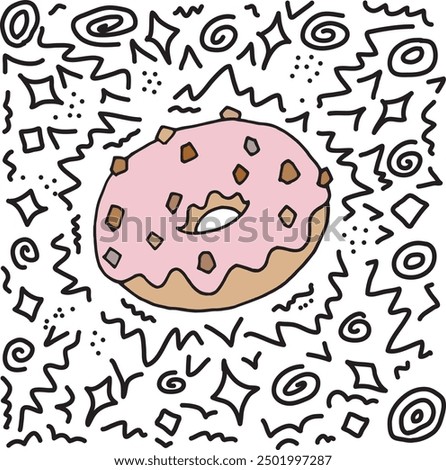 Simple donut and doodle commercial outline cartoon illustration. Sweet pastry donut breakfast with pink glaze and line drawing logo. Sugar food or small cake with cream glaze simple retro pen drawing.