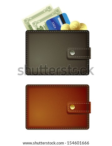 Vector leather wallet with money and coins