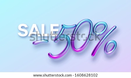 Realistic 3d golden font color rainbow holographic inscription Sale -50. Design element for holiday greeting flyers, banners, certificates, postcards. Vector illustration EPS10