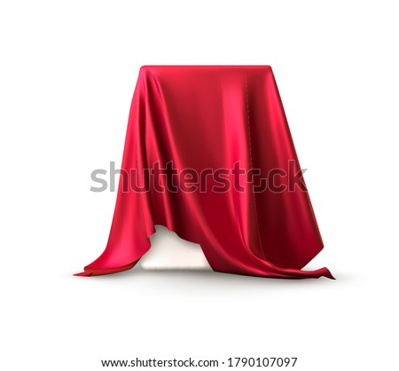 Realistic box covered with red silk cloth. Isolated on white background. Satin fabric wave texture material. Textile design, fabric. Vector illustration EPS10