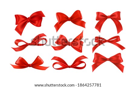 Gift bows silk red ribbon with decorative bow. Realistic luxury festive satin tape for decor or holiday packaging 3d vector set isolated on white background. Vector illustration EPS10