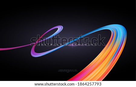 Modern trending abstract black background with curving bright full color ribbon of liquid paint. Template for design presentation, flyer, card, web page. Vector illustration EPS10