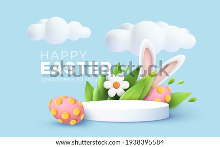 Trendy Easter greeting with 3d product podium, spring flower, cloud, Easter egg and bunny. Spring floral Modern 3d graphic concept. Vector illustration EPS10