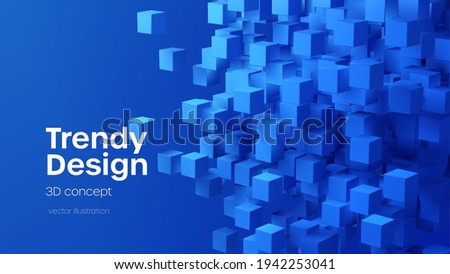 Abstract geometric background with blue 3d flying cubes. Modern abstract business template with 3d blue cube on blue background. Vector illustration EPS10