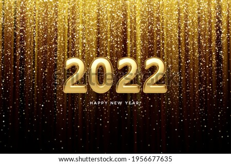 Calendar header 2022 realistic metallic gold number on gold glitter background. Happy new year 2022 golden background. Vector illustration 