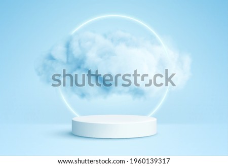 Realistic white fluffy clouds in product podium with neon circle on blue background. Cloud sky background for your design. Vector illustration EPS10