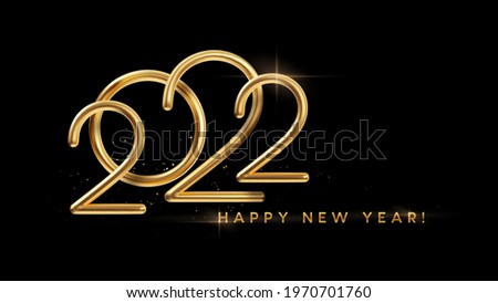 Realistic gold metal inscription 2022. Gold calligraphy New Year 2022 lettering on the black background. Design element for advertising poster, flyer, postcard. Vector illustration EPS10