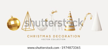 Christmas decorations vector collection. Set of realistic 3d white gold trendy decorations for christmas design isolated on white background. Christmas tree, deer, candy cane. Vector illustration 
