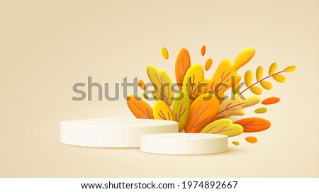 Hello Autumn 3d minimal background with autumn yellow, orange leaves and product podium. 3d Fall leaves background for the design of Fall banners, posters, advertisements, cards, sales. Vector EPS10