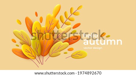 Hello Autumn 3d minimal background with autumn yellow, orange leaves background. 3d Fall leaves for the design of Fall banners, posters, advertisements, cards, sales. Vector illustration EPS10