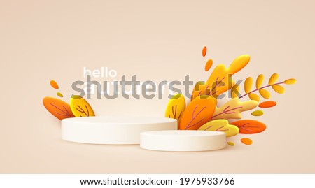 Hello Autumn 3d minimal background with autumn yellow, orange leaves and product podium. 3d Fall leaves background for the design of Fall banners, posters, advertisements, cards, sales. Vector EPS10