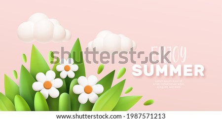 Enjoy Summer 3d realistic background with clouds, daisies, grass and leaves on a pink background. Vector illustration EPS10