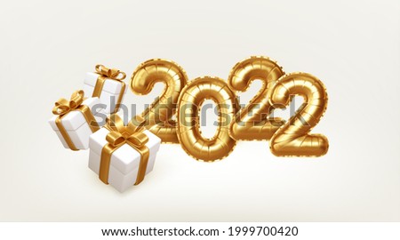 Happy new year 2022 metallic gold foil balloons and gift boxes on white background. Golden helium balloons number 2022 New Year. Vector illustration EPS10