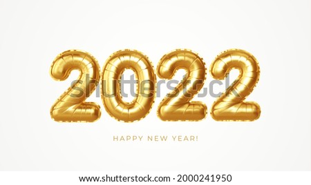 Happy new year 2022 metallic gold foil balloons on a white background. Golden helium balloons number 2022 New Year. Ve3ctor illustration EPS10