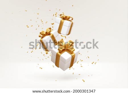 Merry New Year and Merry Christmas 2022 white gift boxes with golden bows and gold sequins confetti on white background. Gift boxes flying and falling. Vector illustration EPS10 Foto d'archivio © 